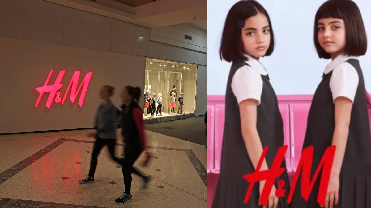 Shoppers walk past H&M store in a shopping centre (left), two children featured in a school uniform campaign for H&M. Picture by Marina Neil/H&M