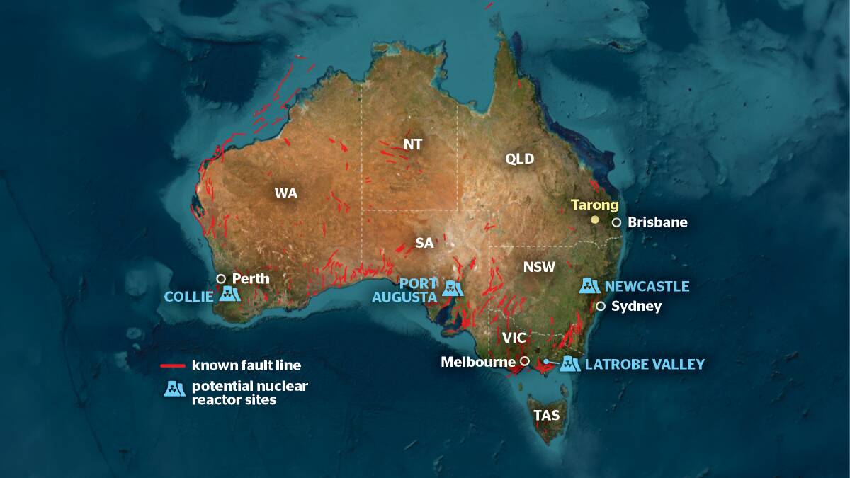 A map displaying the Coalition's proposed nuclear power station sites and known fault lines underneath. Map supplied by Geoscience Australia.