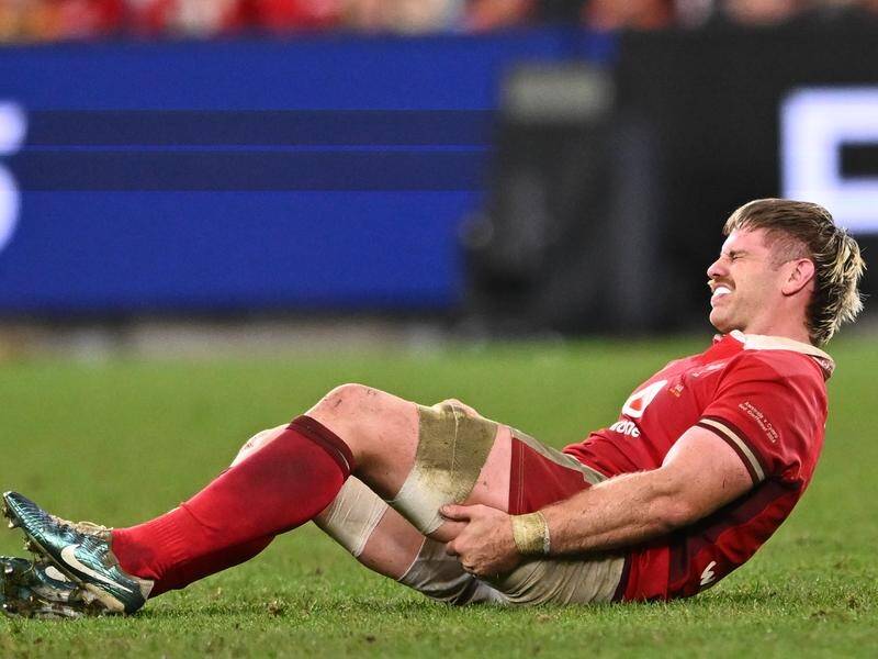 Wales No. 8 Aaron Wainwright feels the pain last weekend and is now a big doubt for the second Test. (James Gourley/AAP PHOTOS)