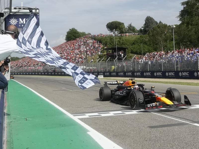 Red Bull's Max Verstappen crosses the line for another Formula One triumph at Imola. (AP PHOTO)